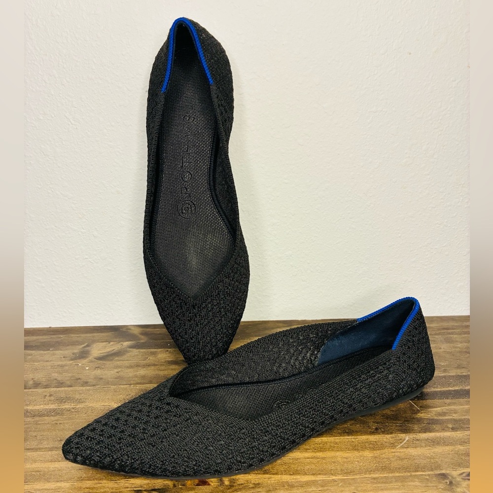 Rothy's Black Pointed Knit Flats with Blue Trim